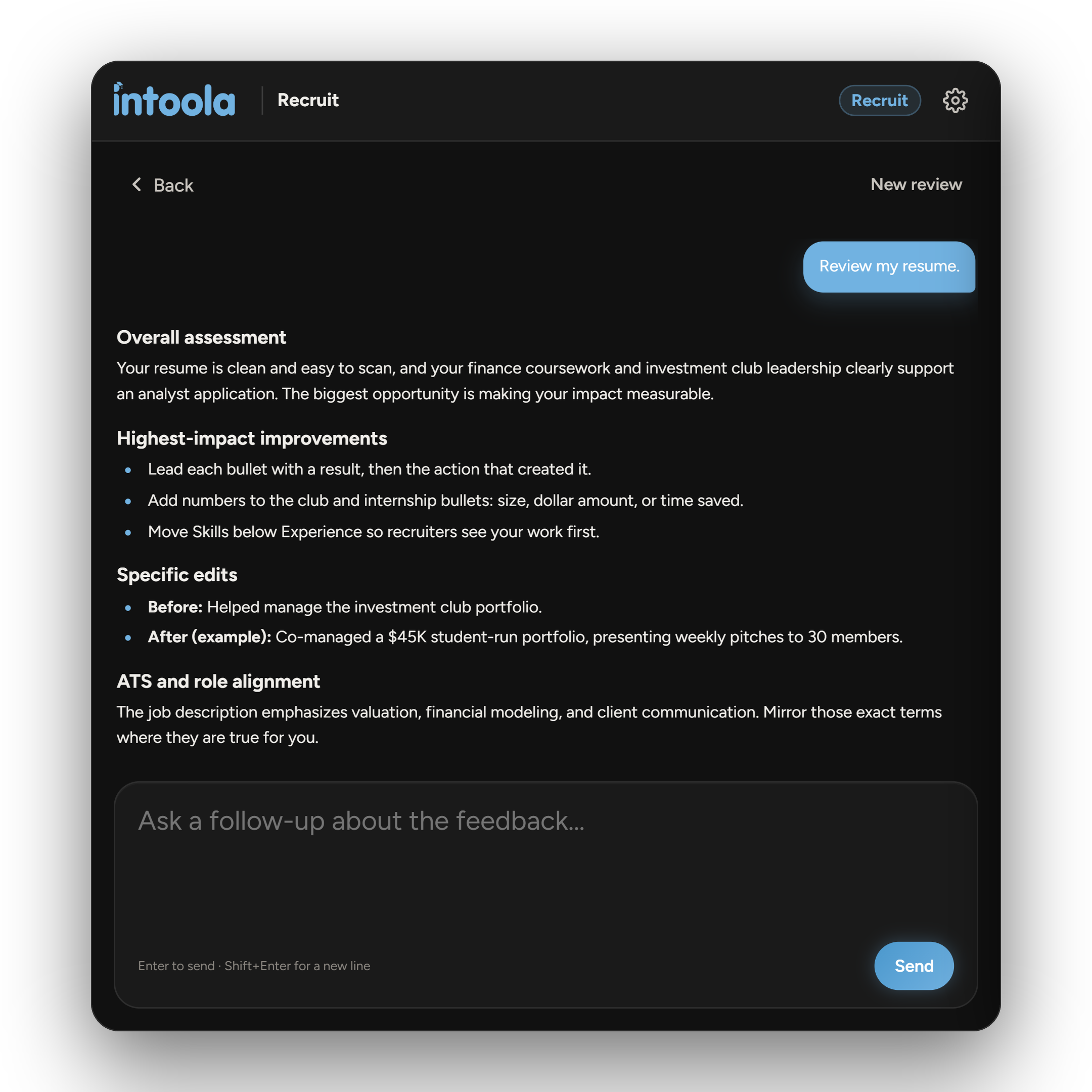 Intoola Recruit resume feedback