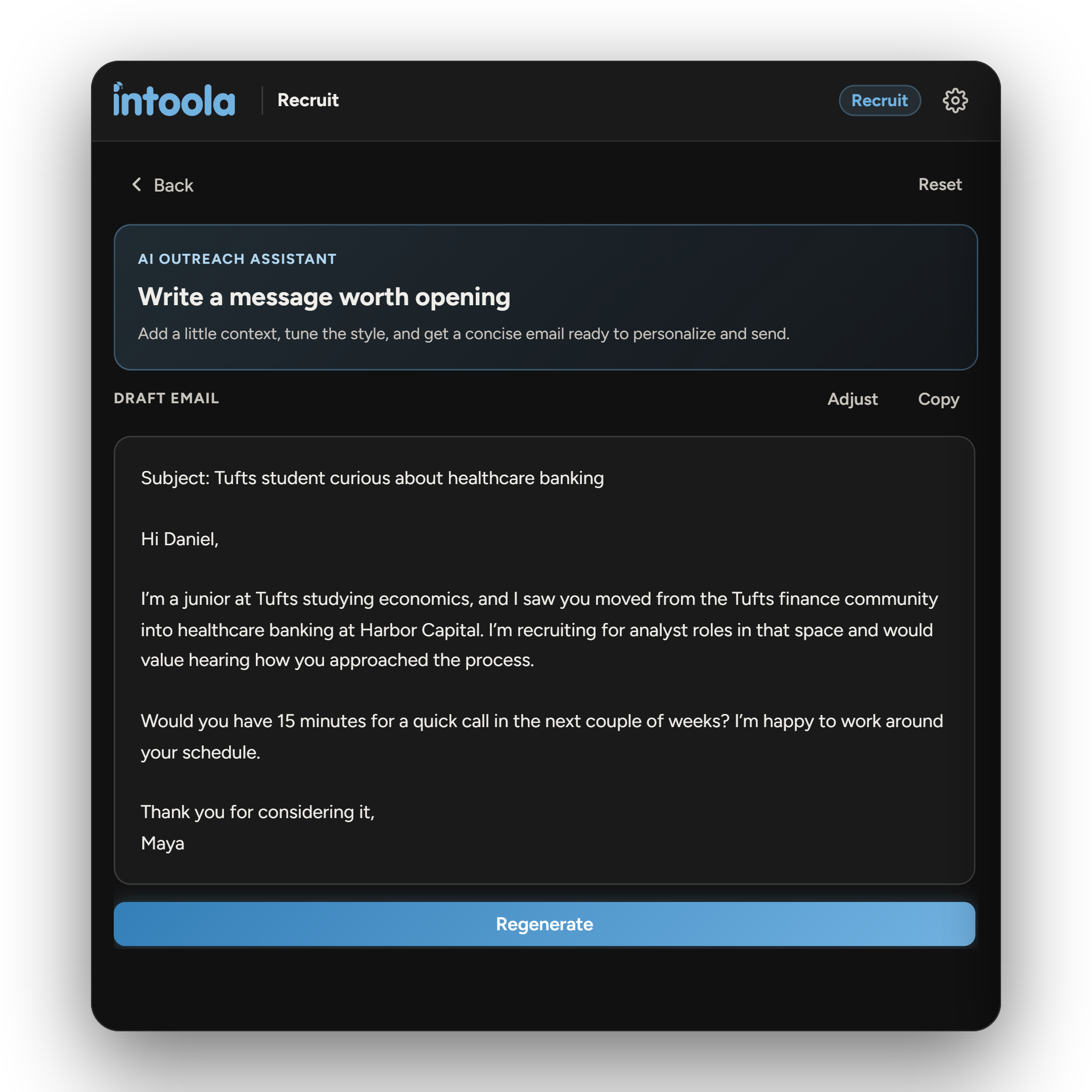 Intoola Recruit generated outreach email