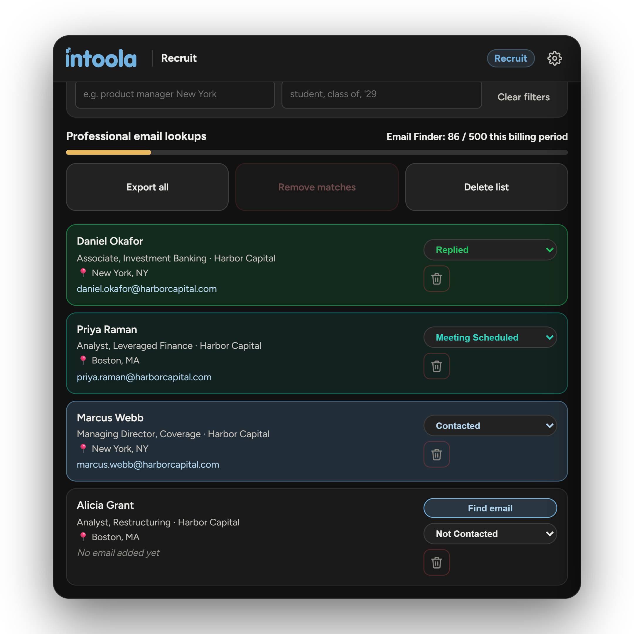 Intoola Recruit tracking list with outreach statuses and emails