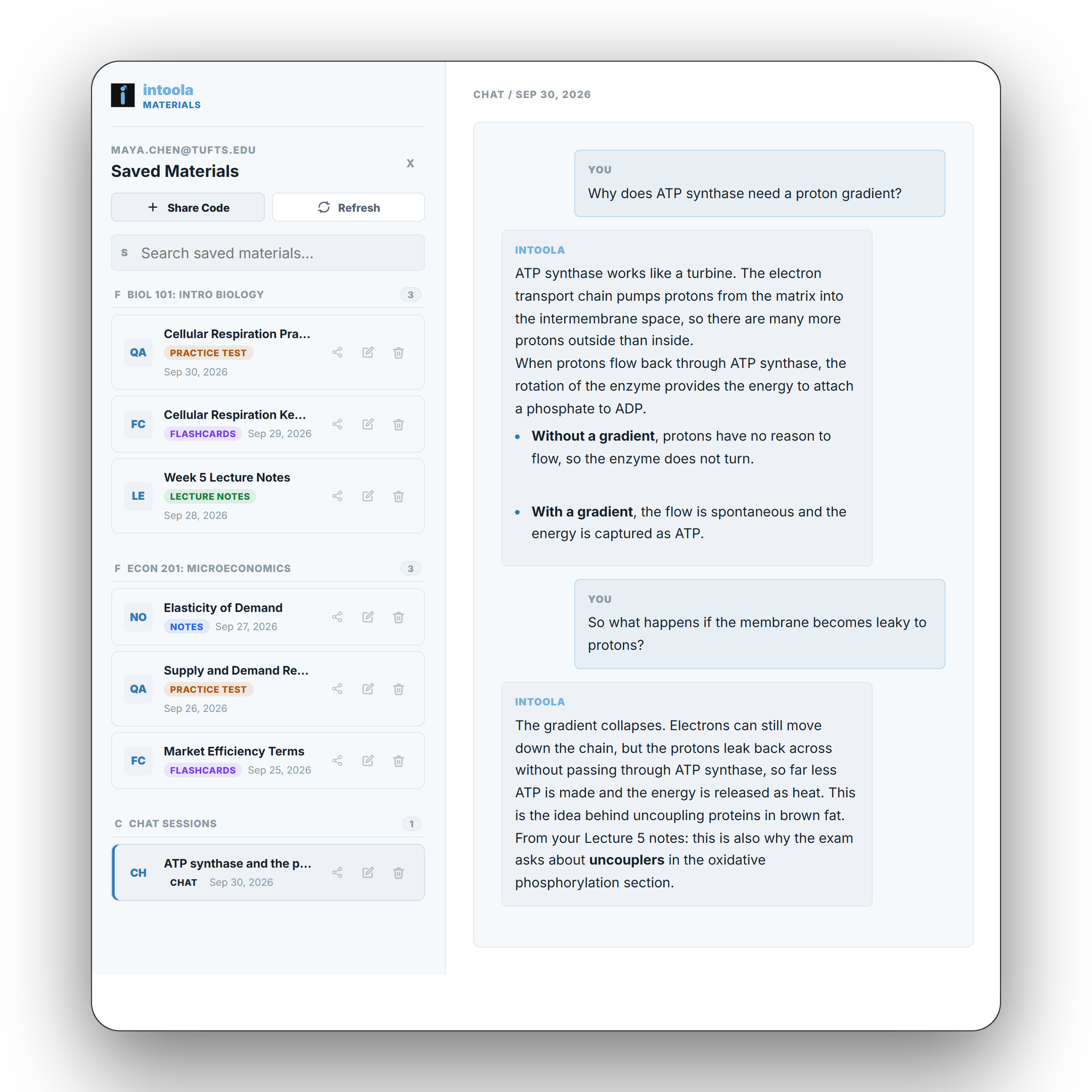 Intoola Study AI tutor conversation about ATP synthase