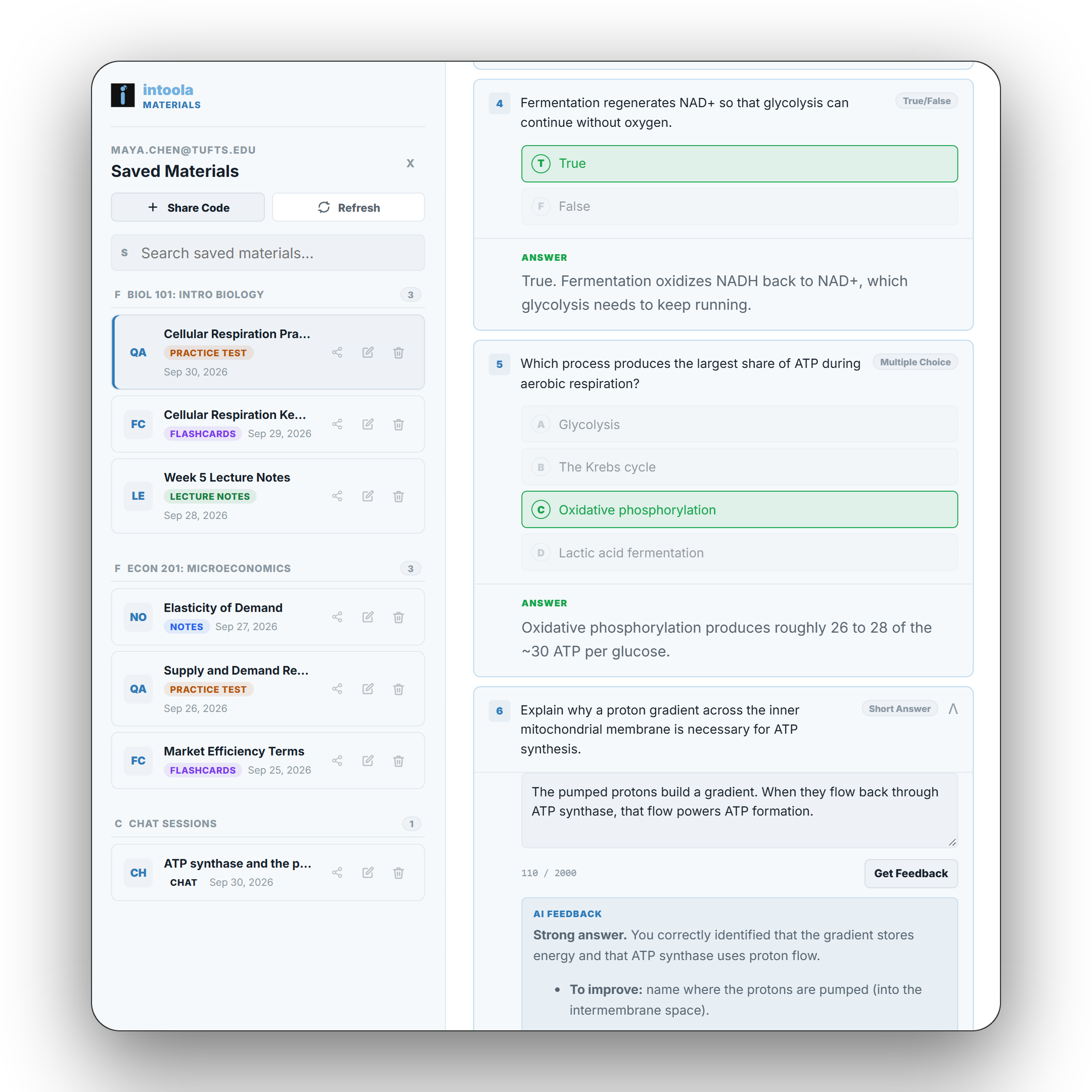 Intoola Study practice test with scored answers and AI feedback