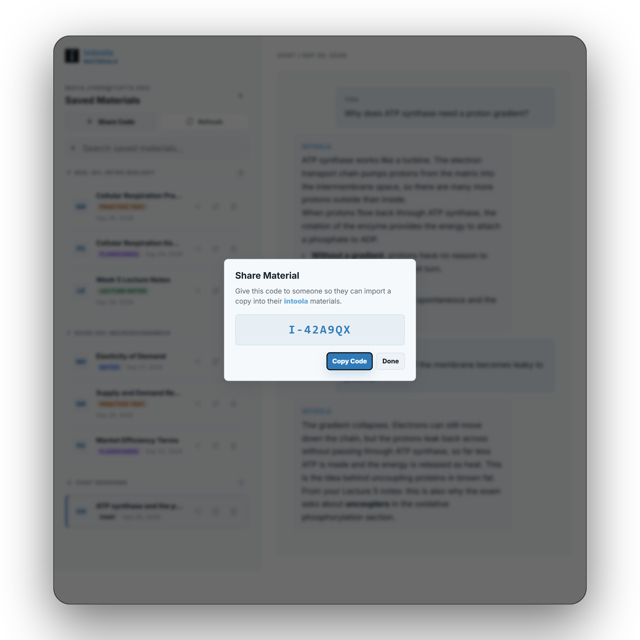 Intoola Study share code dialog